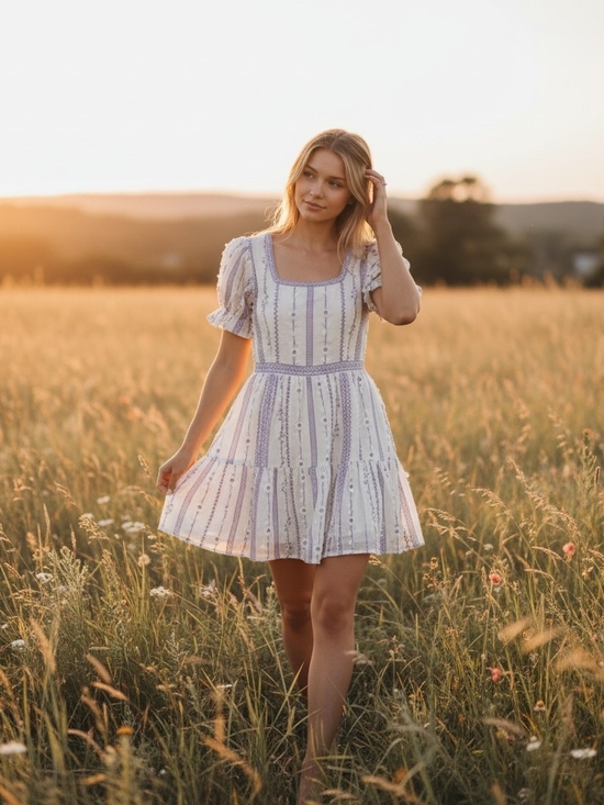 Belle Terre Ave. Dresses & Skirts - Square-Neck Lavender Stripe Mini Dress with Puff Sleeves